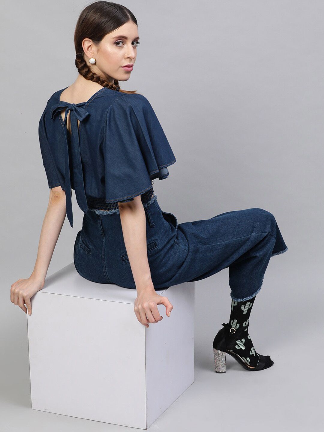 STREET 9 Navy Blue Flared Sleeves Indigo Pure Cotton Denim Smocked Styled Back Crop Top