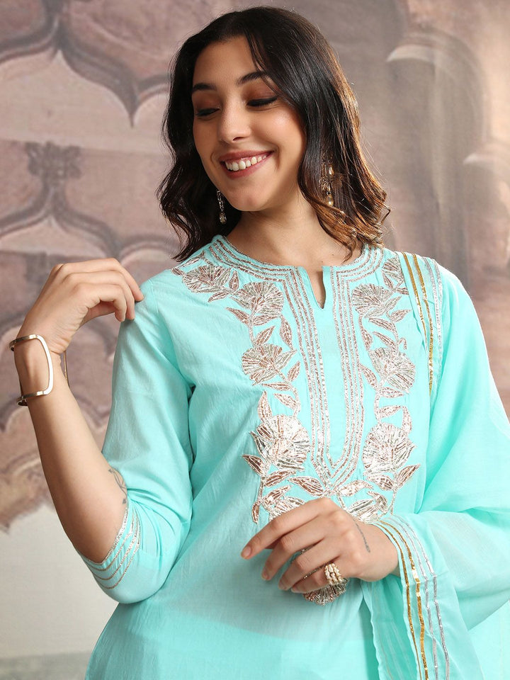 Vishudh Turquoise Blue Notch Neck Floral Embroidered Pure Cotton Straight Kurta Set