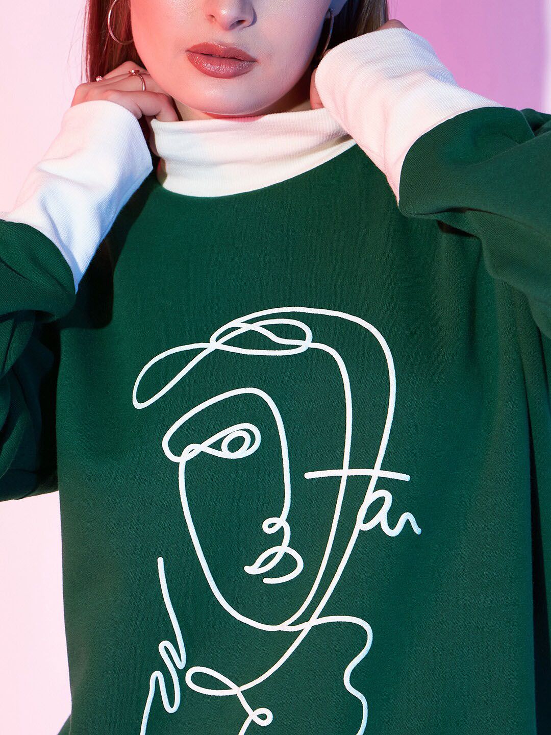 STREET 9 Green & White Graphic Printed Fleece Pullover Sweatshirt