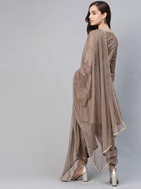 W Women Brown Striped Panelled Sequinned Kurta with Dhoti Pants & Dupatta