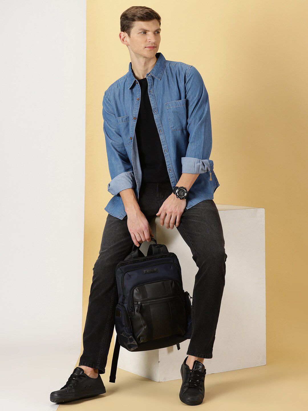 Thomas Scott Smart Slim Fit Denim Spread Collar Long Sleeves Cotton Casual Overdyed Shirt