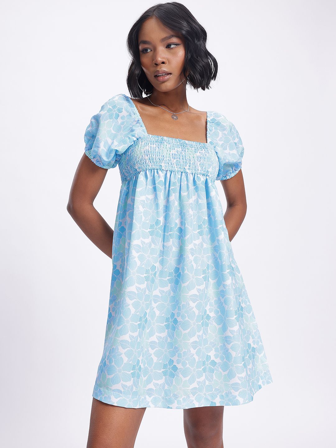 DressBerry Smocked Floral Print Mini A-line Dress