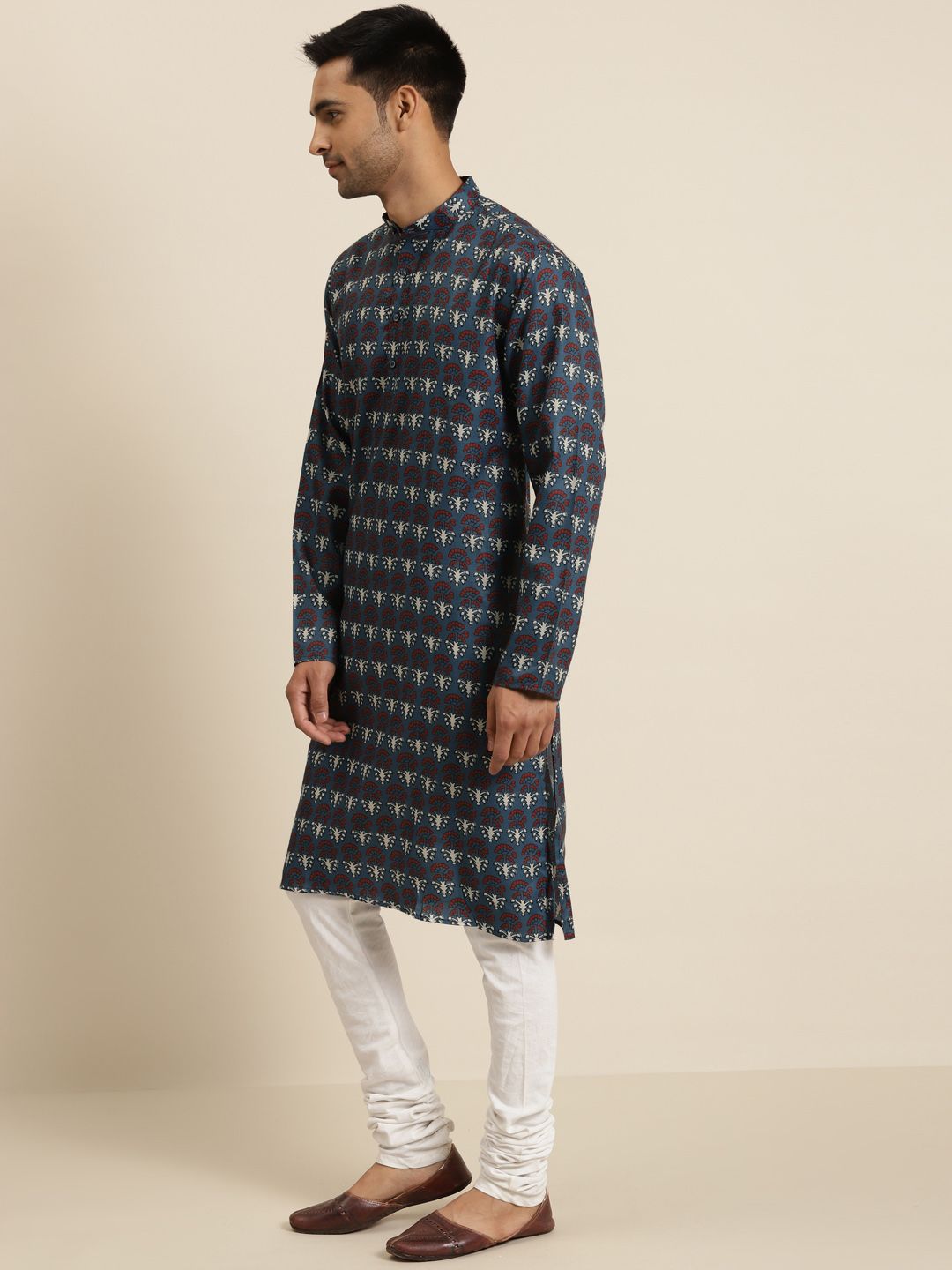SOJANYA Men Teal Blue & Maroon Ethnic Motifs Printed Cotton Straight Kurta