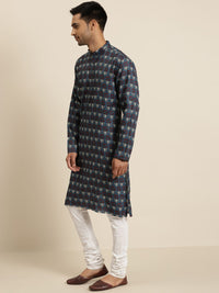 SOJANYA Men Teal Blue & Maroon Ethnic Motifs Printed Cotton Straight Kurta