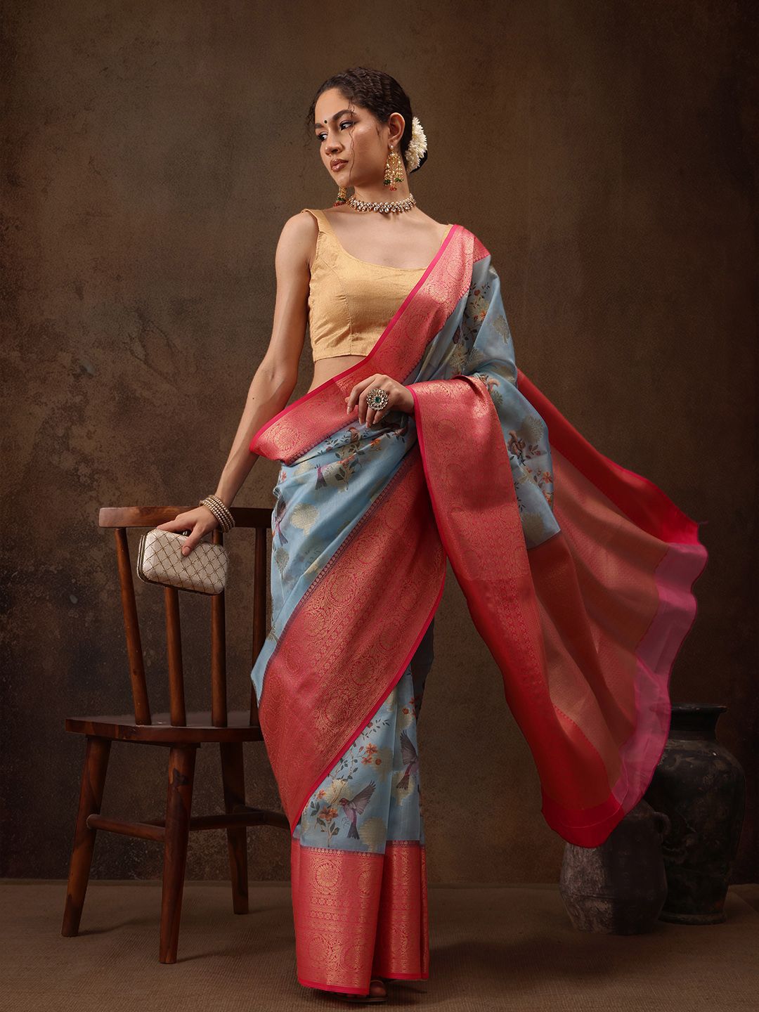 Silk Land Woven Floral Art Silk Chanderi Digital Print Saree