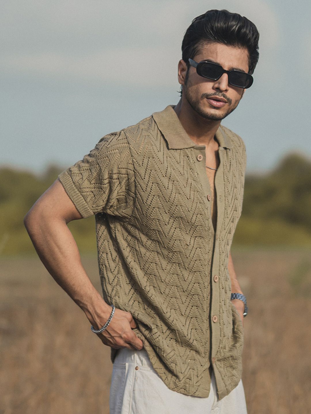 Powerlook Beige India Slim Geometric Self Design Spread Collar Casual Shirt