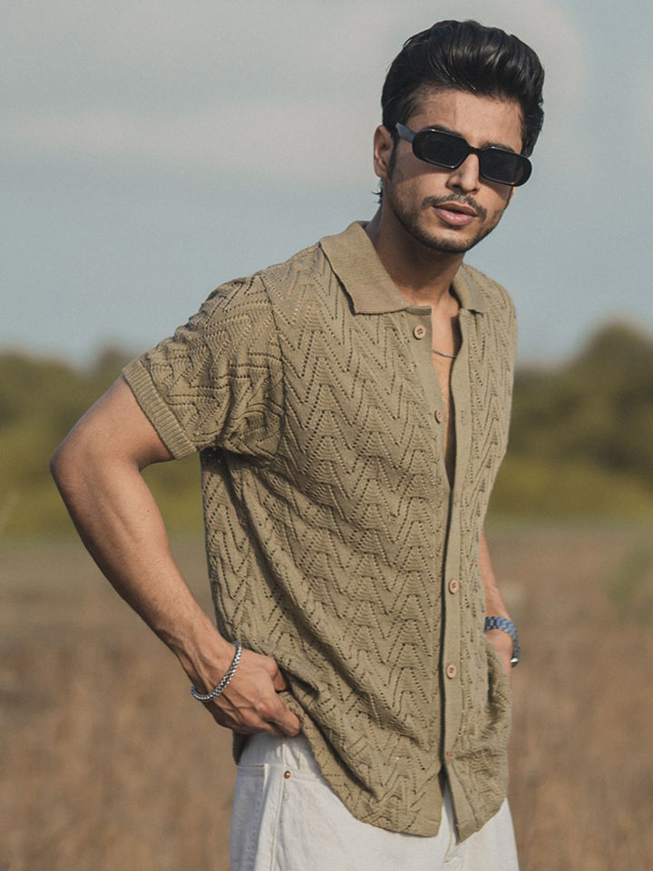 Powerlook Beige India Slim Geometric Self Design Spread Collar Casual Shirt