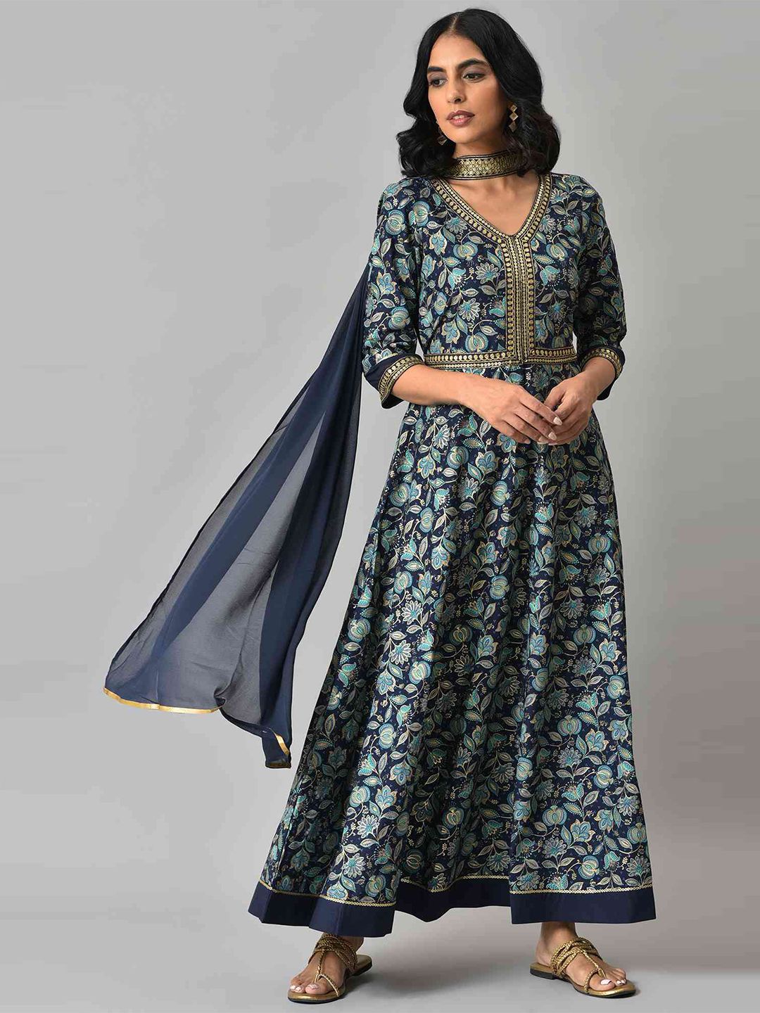 AURELIA Blue Zari Embroidered Floral Printed Choker Maxi Dress