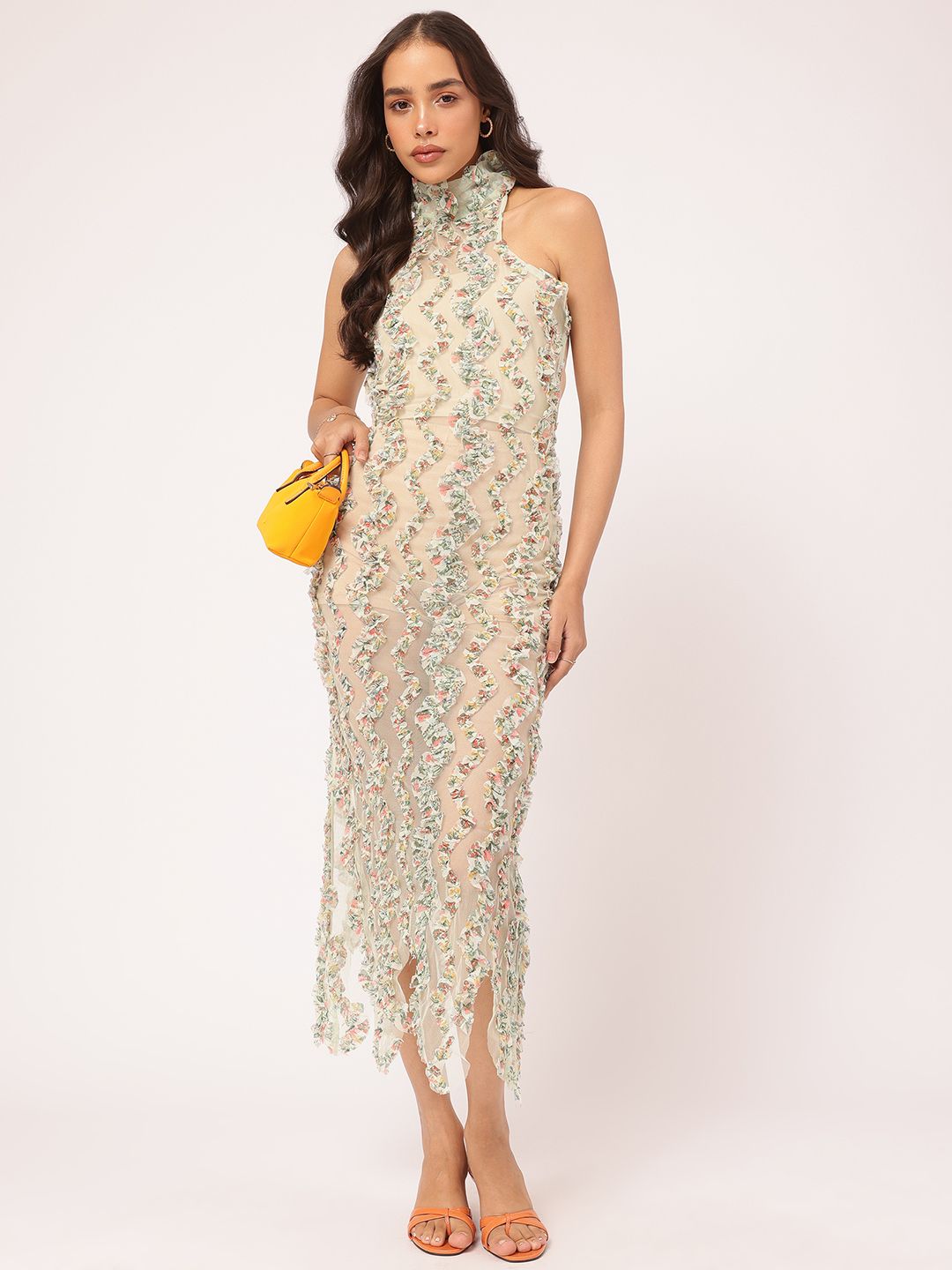 DressBerry Modern Vintage Ruffle Trims Sheer Net Backless Midi Dress