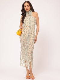 DressBerry Modern Vintage Ruffle Trims Sheer Net Backless Midi Dress