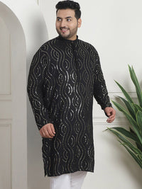 SOJANYA PLUS Geometric Embroidered Sequinned Mandarin Collar Cotton Straight Kurta