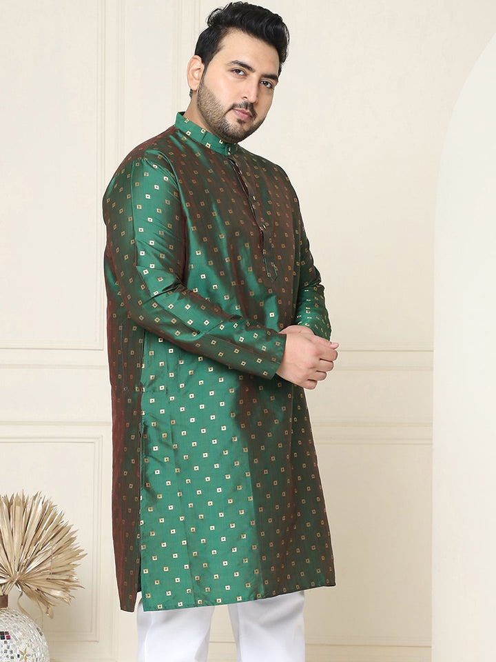 SOJANYA PLUS Men Plus Size Green & Golden Geometric Jacquard Kurta