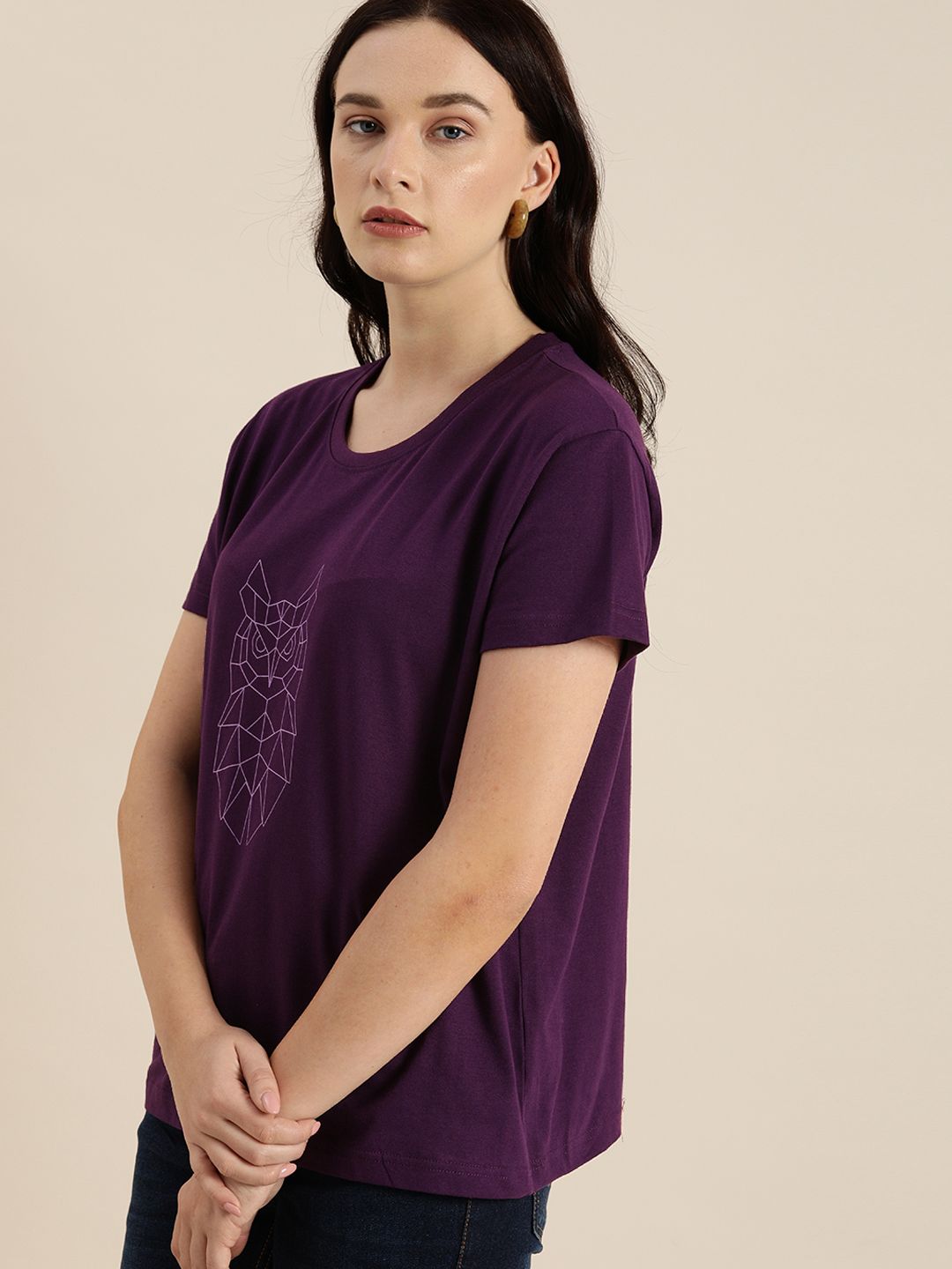 DILLINGER Women Purple Printed Round Neck Pure Cotton Boxy Regular Pure Cotton T-shirt