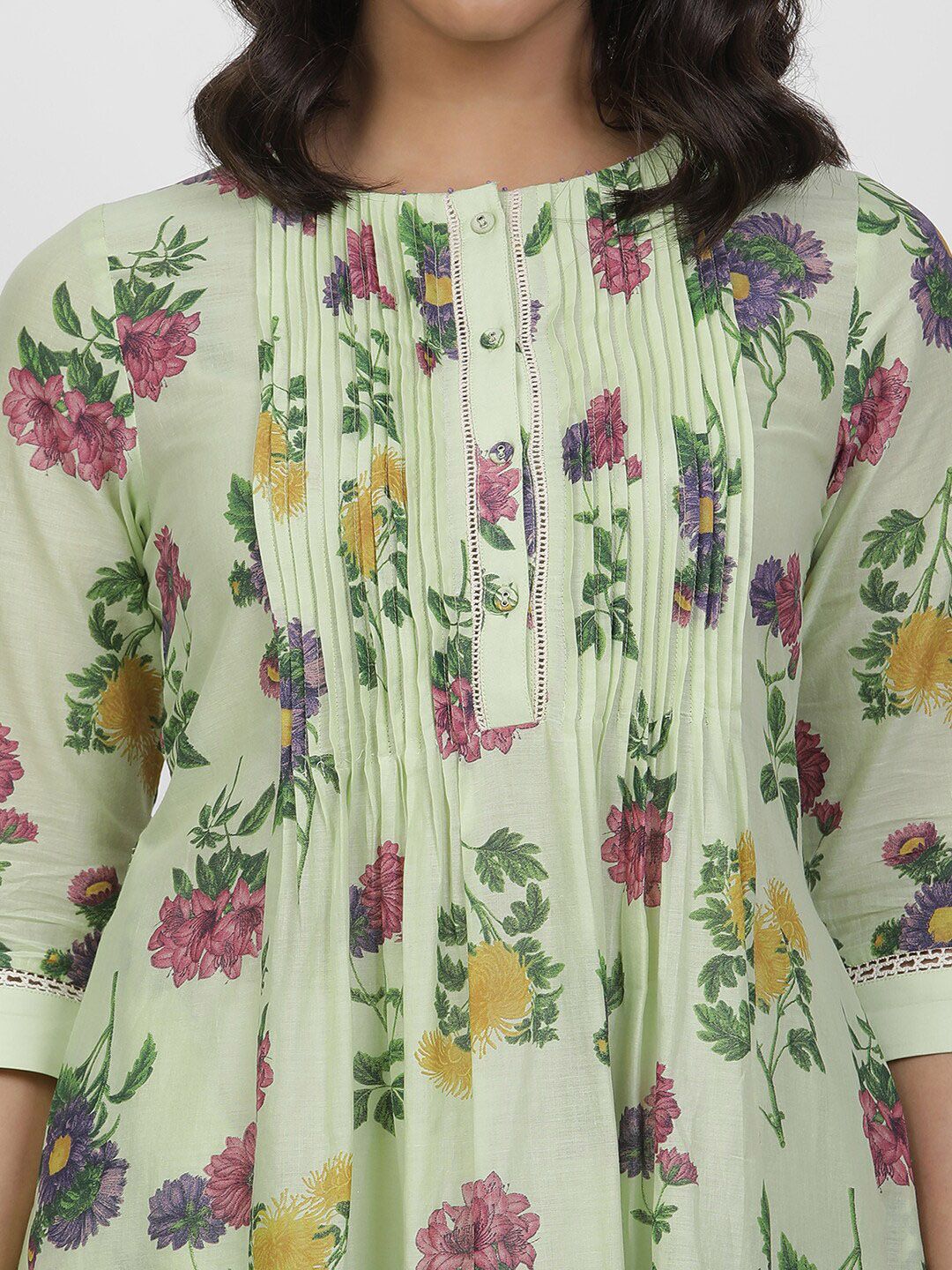 W Round Neck Floral Printed Pleated Cotton A-Line Kurta