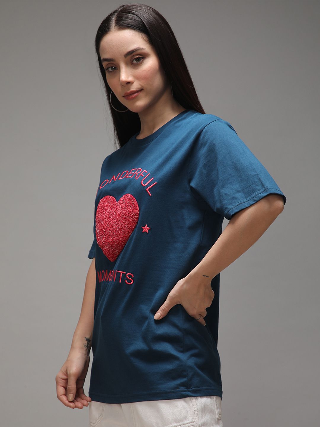 DILLINGER Women Short Sleeve Oversized Crew Neck Embroidery Tshirt