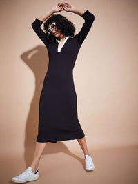 SASSAFRAS BASICS Self Design Shirt Collar Cotton Bodycon Midi Dress