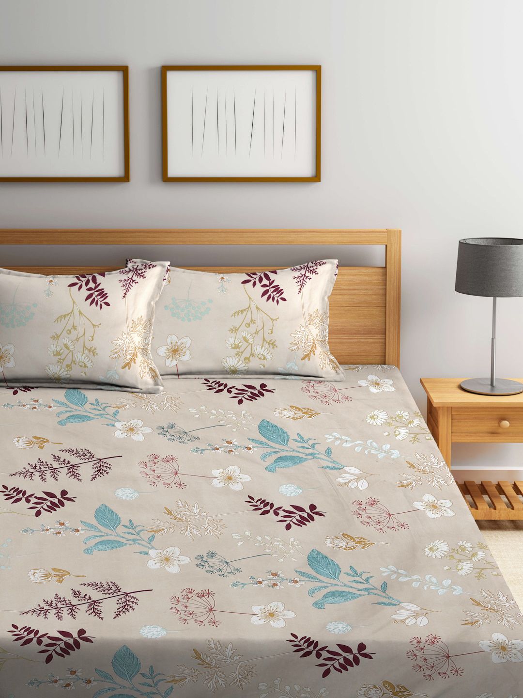 KLOTTHE Grey & Blue Printed 300 TC Fitted King Bedsheet With 2 Pillow Covers