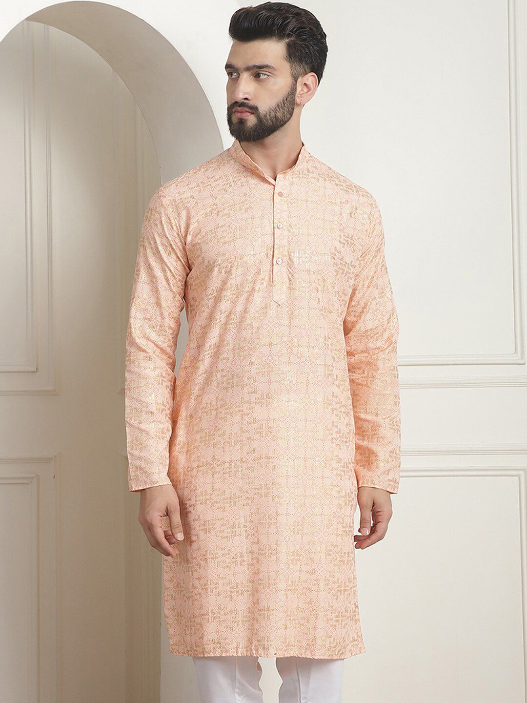 SOJANYA Foil Printed Mandarin Collar Cotton Kurta