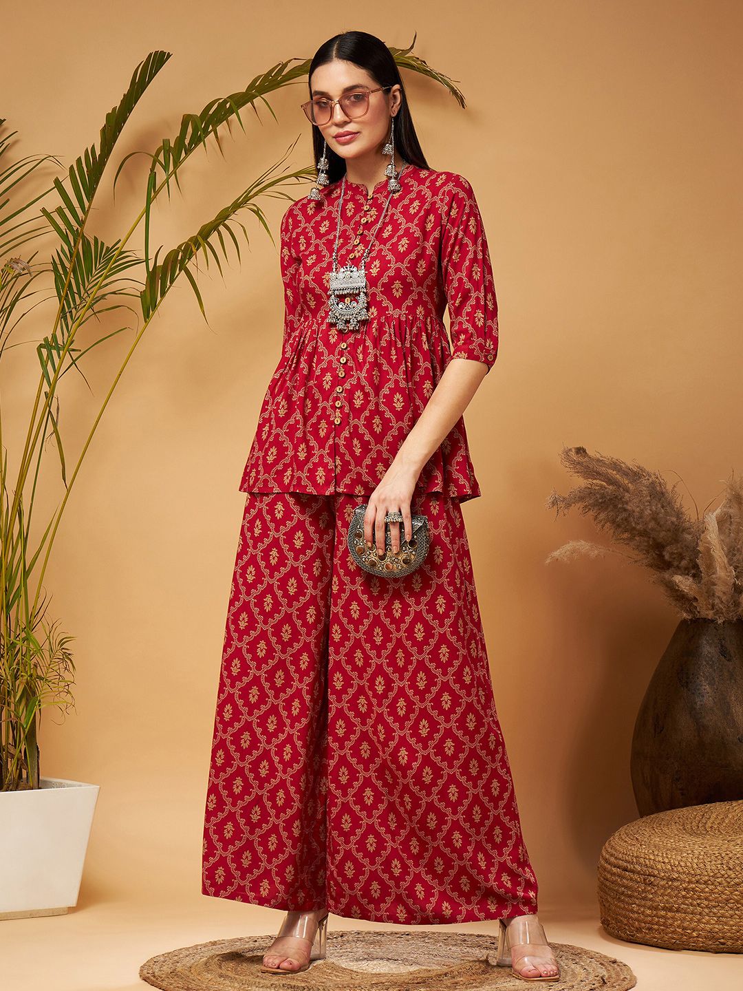 Shae by SASSAFRAS Maroon Ethnic Printed Mandarin Collar Liva A-Line Top