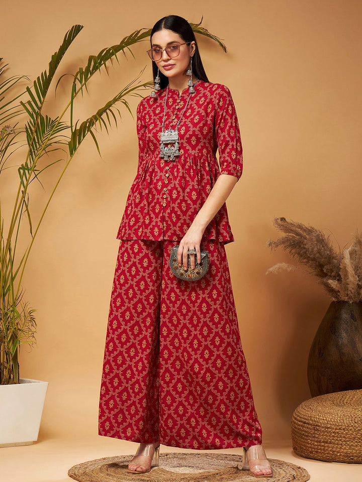 Shae by SASSAFRAS Maroon Ethnic Printed Mandarin Collar Liva A-Line Top