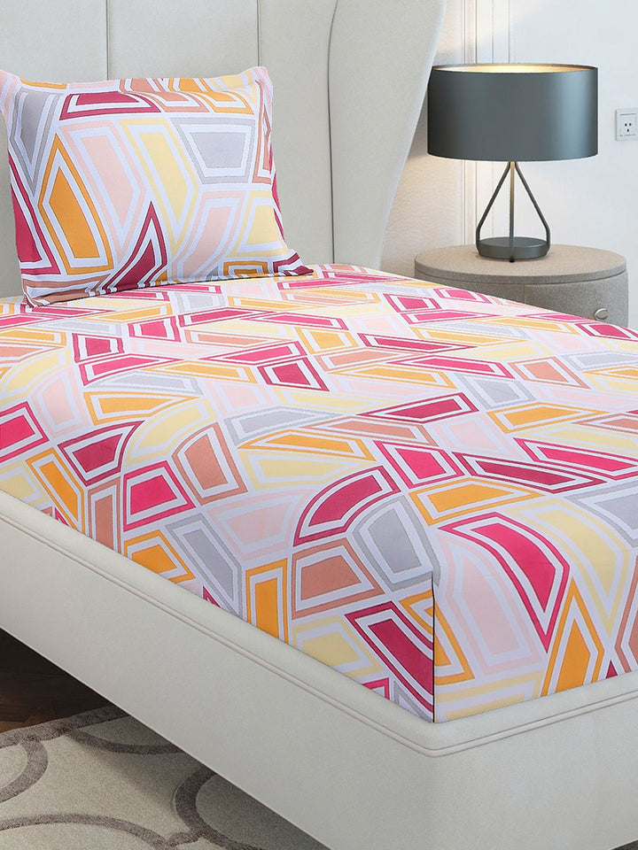 Monte Carlo Magenta & White Geometric Cotton 104 TC Single Bedsheet Set-2.24 m x 1.52 m