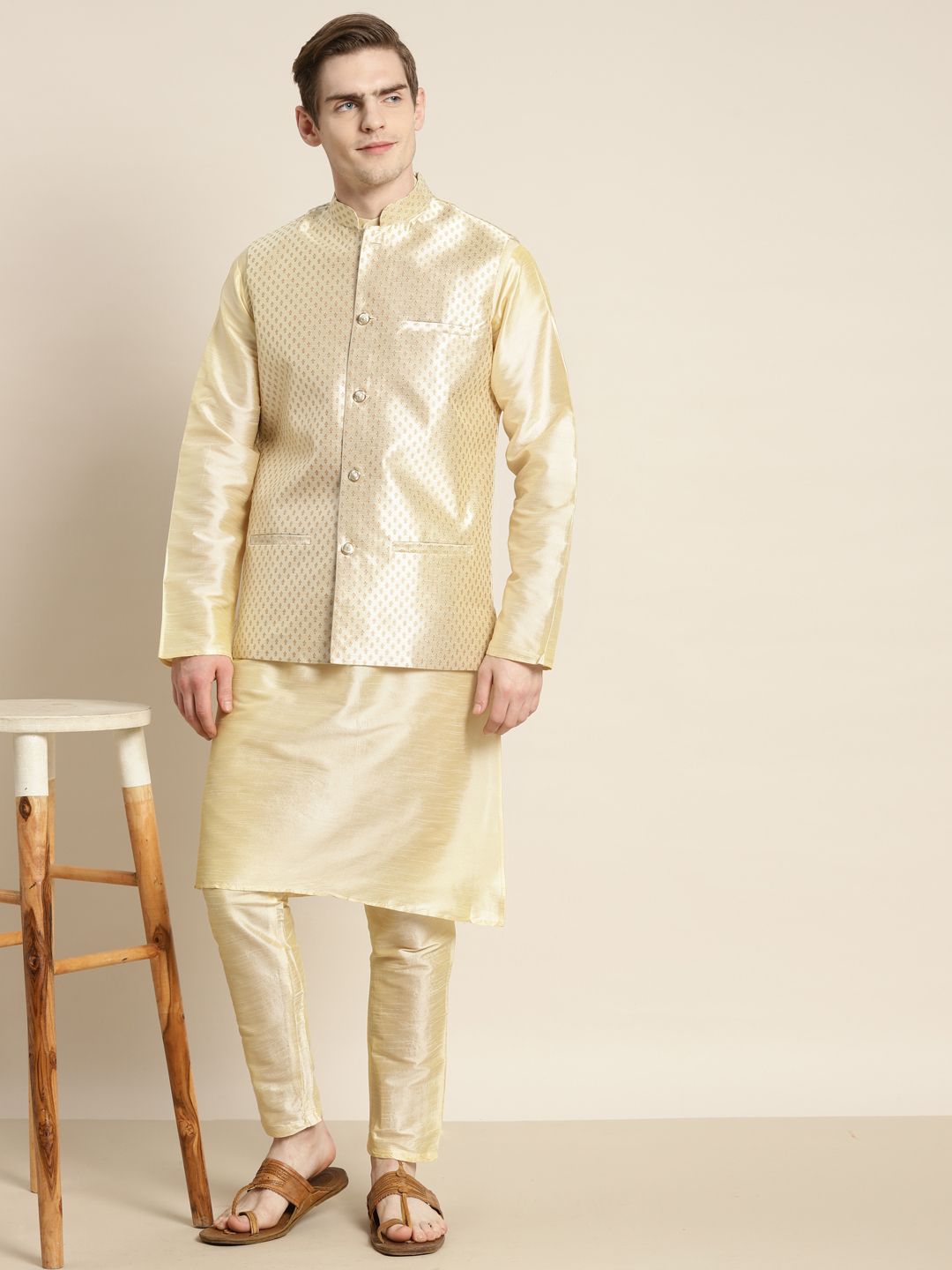 SOJANYA Men Solid Kurta with Churidar & Woven Design Nehru Jacket