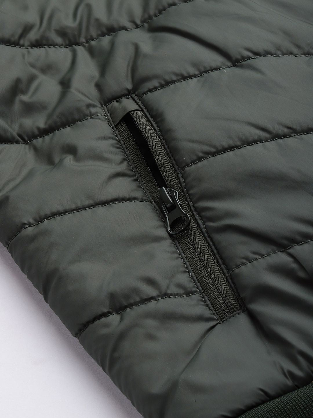 The Indian Garage Co Men Olive Green & White Striped Padded Jacket
