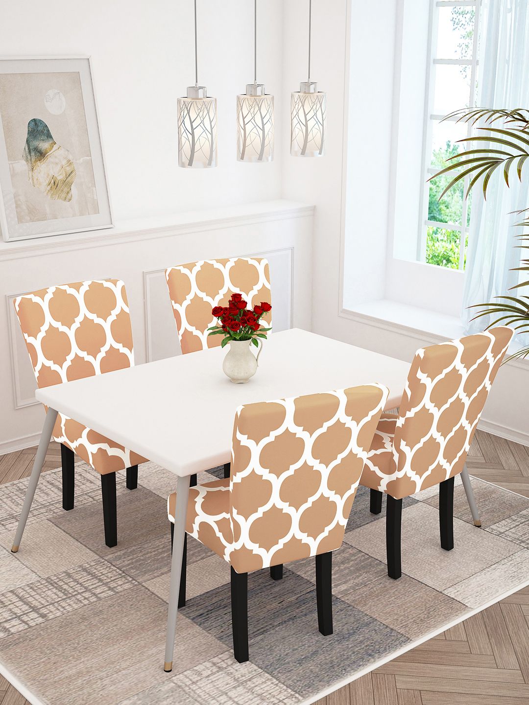 Story@home Beige Motif Printed Chair Cover