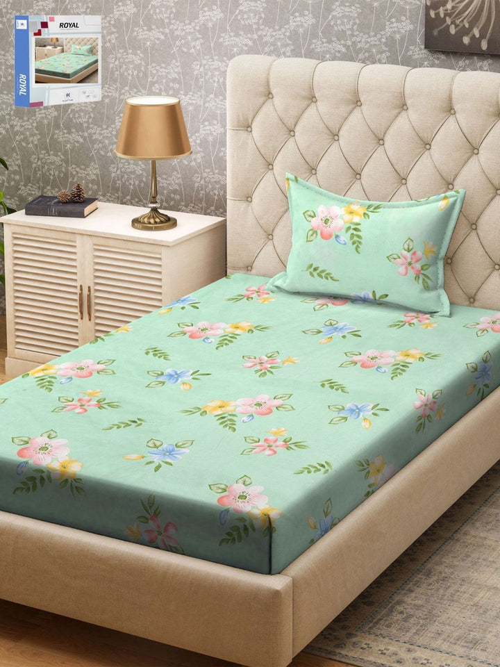 KLOTTHE Green & Pink Printed 300TC Single Bedsheet & Pillow Covers