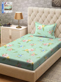 KLOTTHE Green & Pink Printed 300TC Single Bedsheet & Pillow Covers