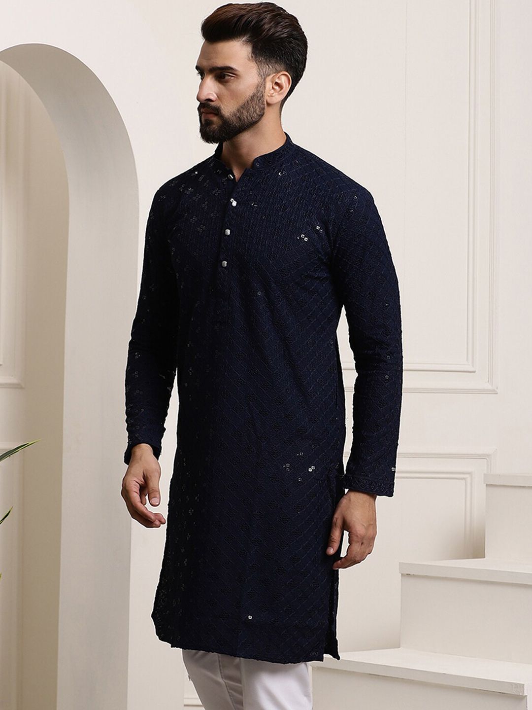 SOJANYA Kurta Lurus Labuci Sulam Geometrik Kapas Tulen