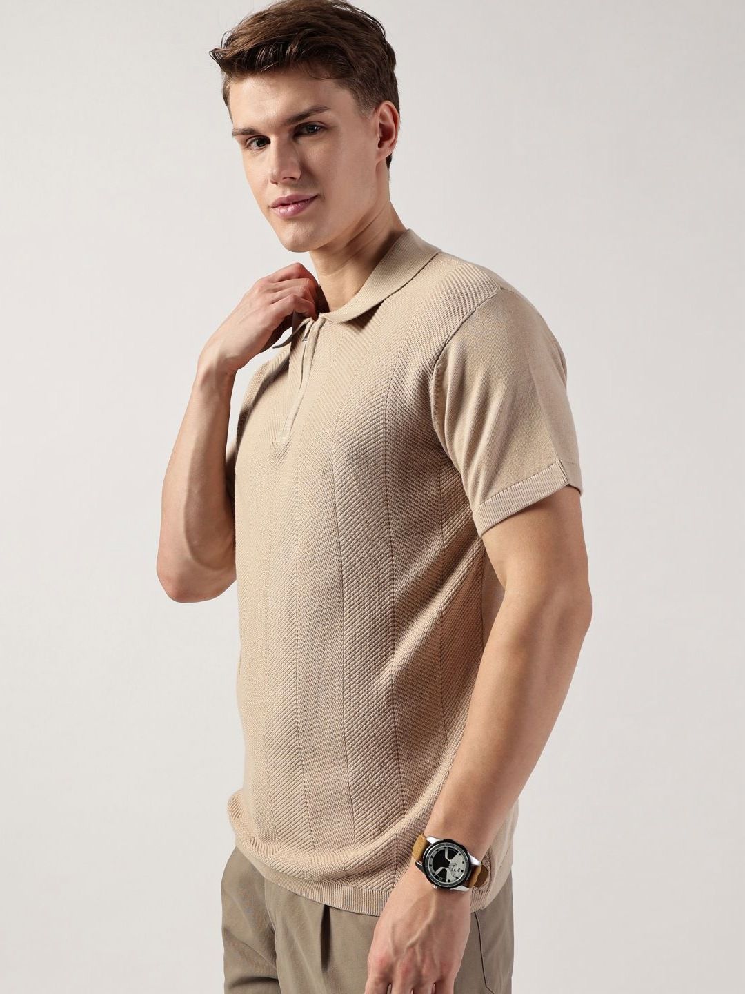 Thomas Scott Men Self Design Polo Collar Pure Cotton T-shirt