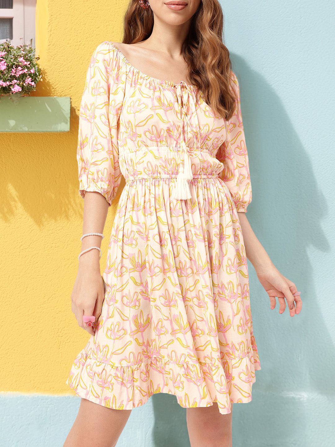 DressBerry Dreamy Holiday Floral Printed Cinched Waist Off-Shoulder A-Line Mini Dress