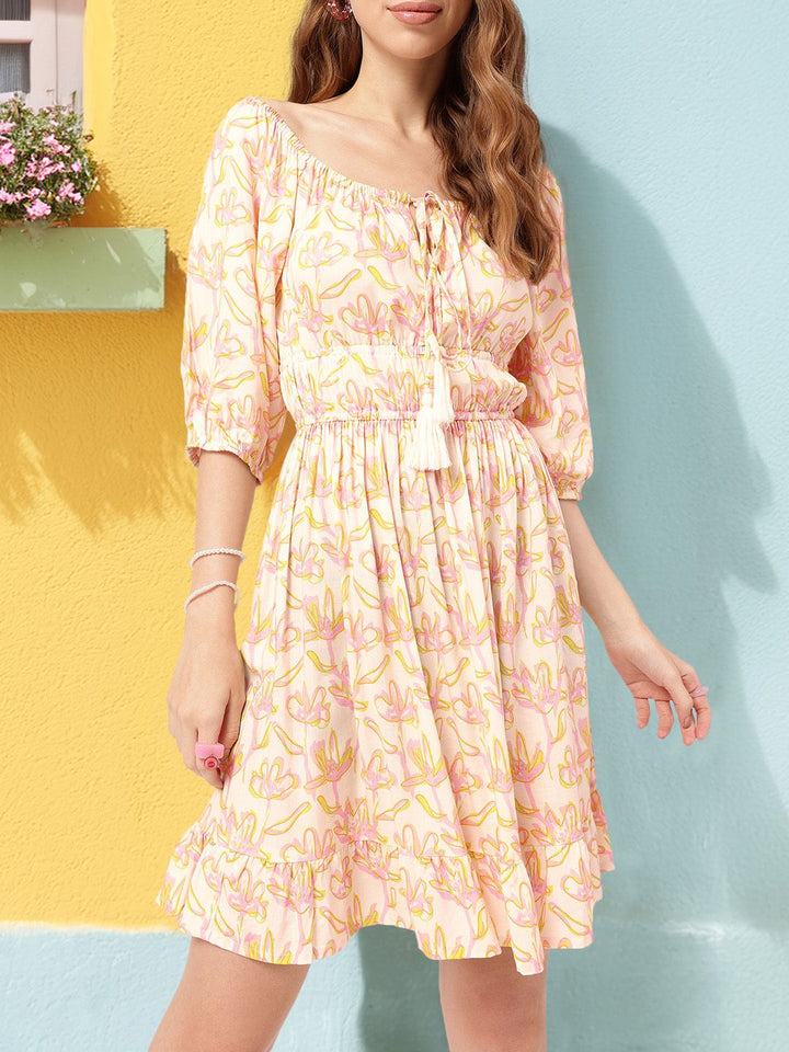 DressBerry Dreamy Holiday Floral Printed Cinched Waist Off-Shoulder A-Line Mini Dress