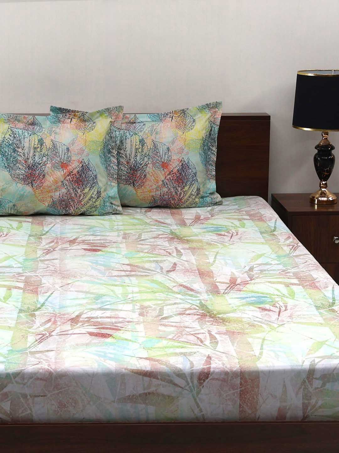 BOMBAY DYEING Fantasque Green Floral Printed Cotton 180 TC King Bedsheet Set 2.74 x 2.74 m