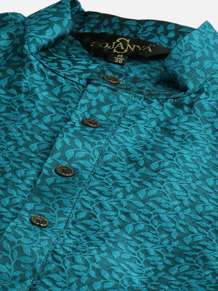 SOJANYA Men Teal Blue & Maroon Woven Design Kurta with Churidar & Nehru Jacket
