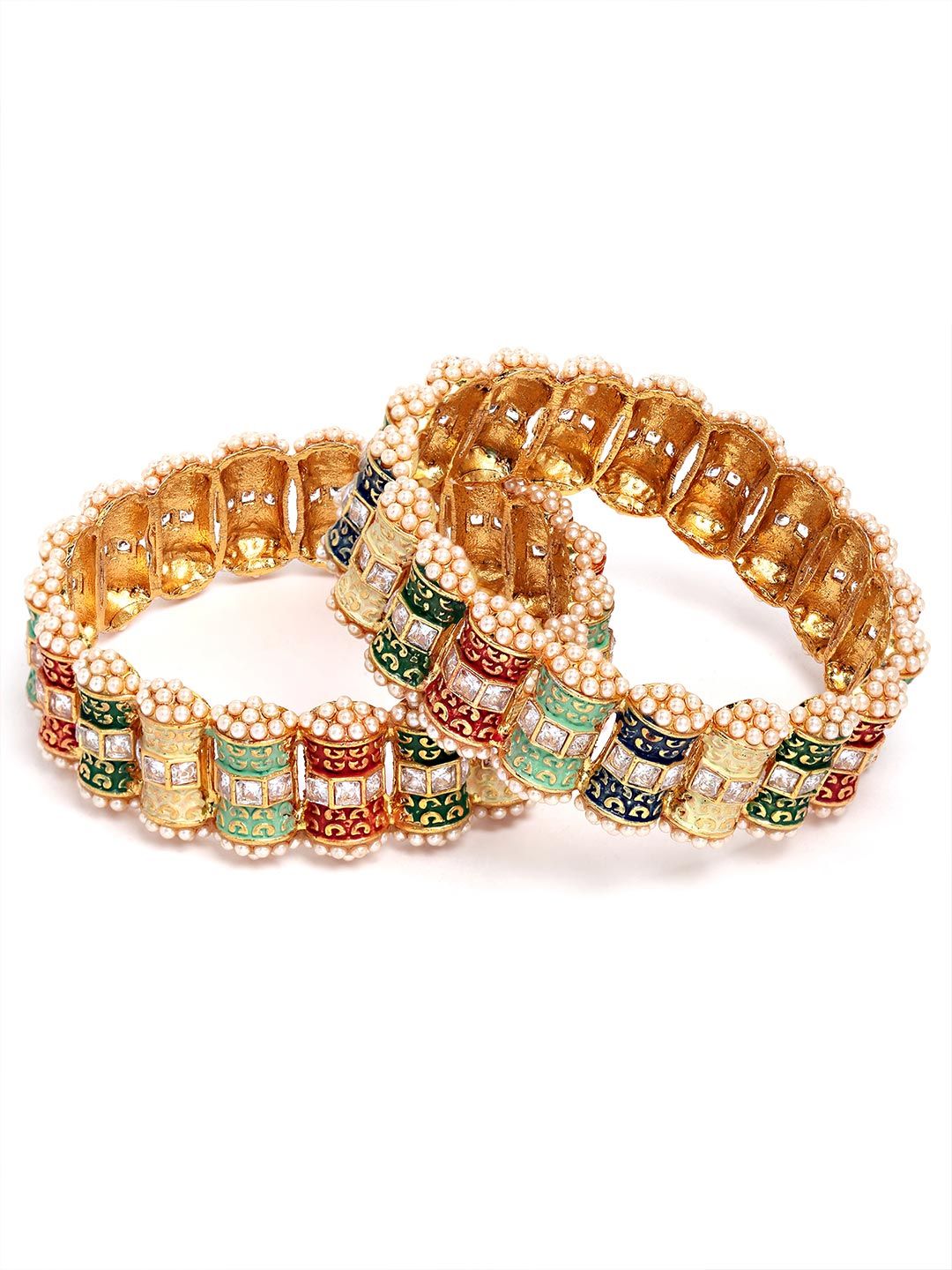 KARATCART Set Of 2 Gold-Plated & Red Stone Studded Rajwadi Bangle