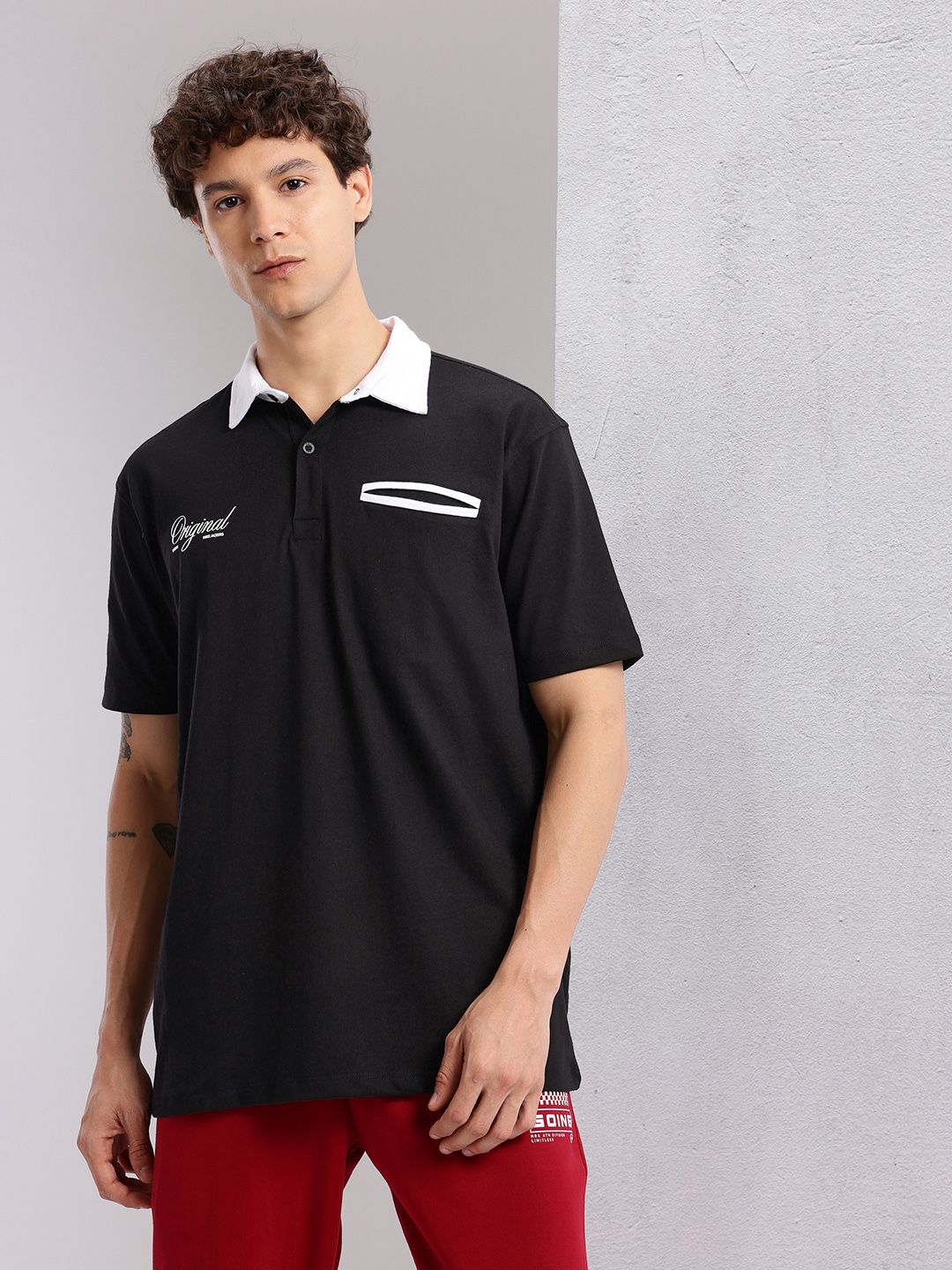 HRX by Hrithik Roshan Typography Print Detail Drop-Sleeves Relaxed Fit Polo Collar T-shirt
