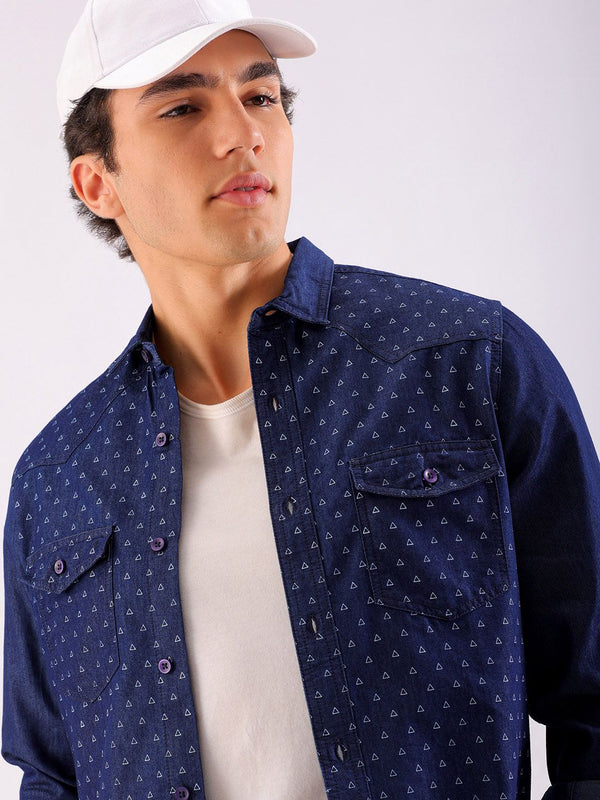 The Indian Garage Co Slim Fit Printed Cotton Casual Denim Shirt