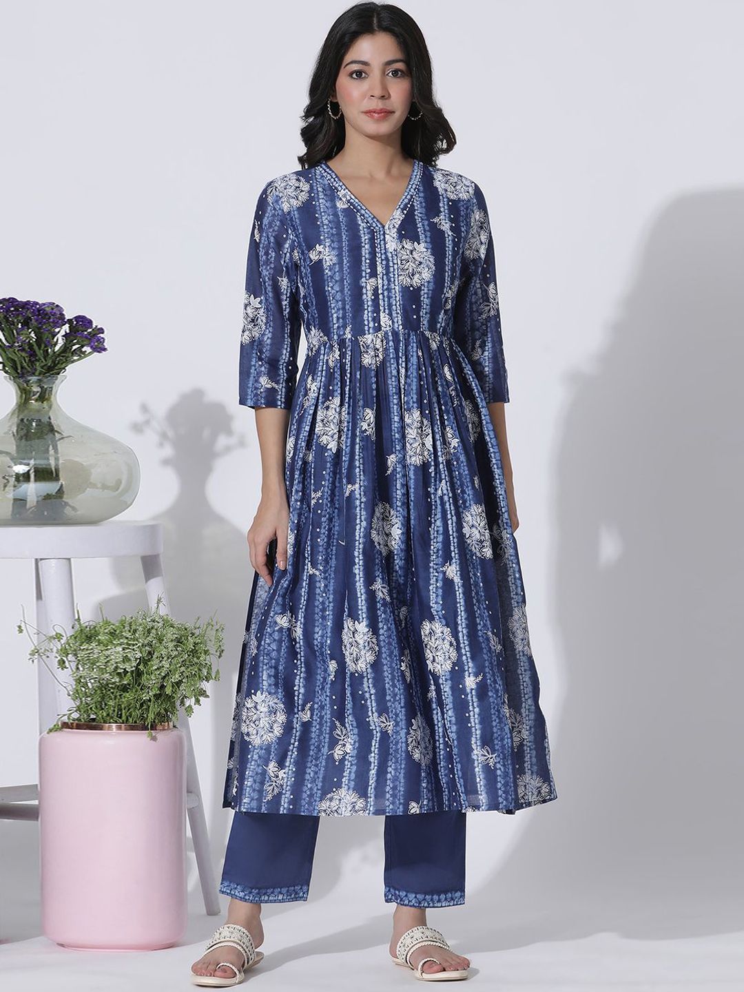 W Floral Printed Thread Work Pure Cotton Anarkali Kurta with Trousers