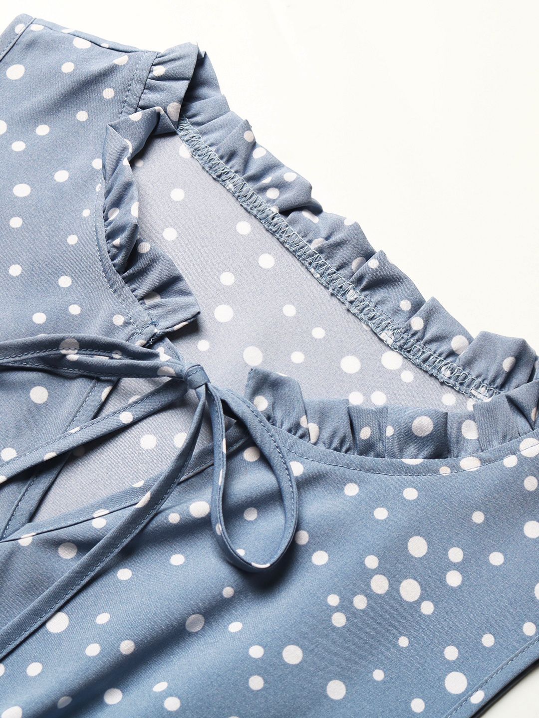 DressBerry Polka Dot Print Tie-Up Neck A-Line Tiered Dress