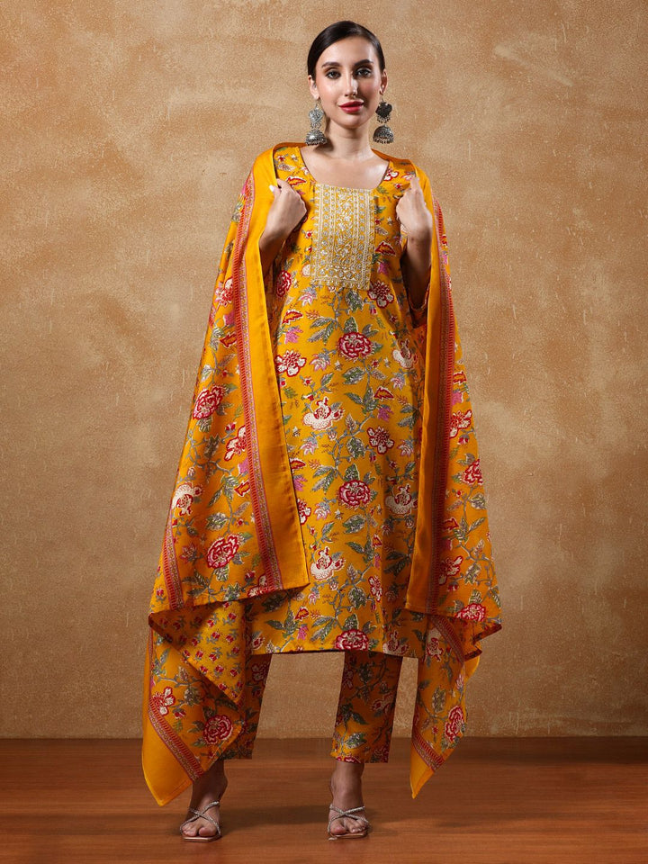 Varanga Women Floral Yoke Design Straight Kurta with Trousers & Dupatta