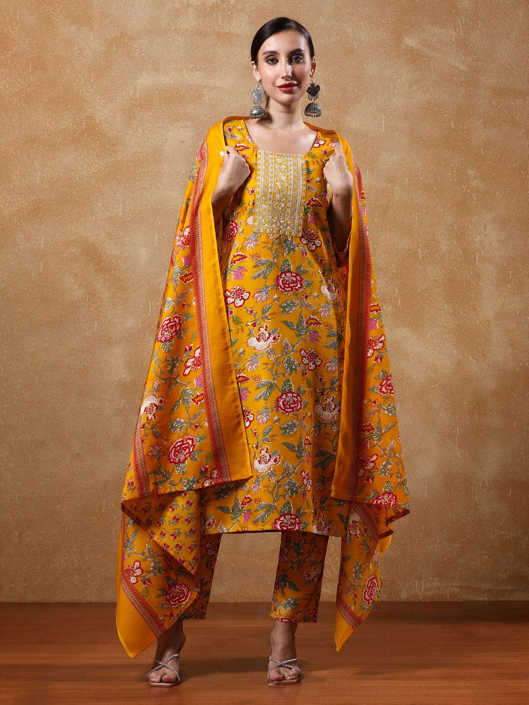Varanga Women Floral Yoke Design Straight Kurta with Trousers & Dupatta
