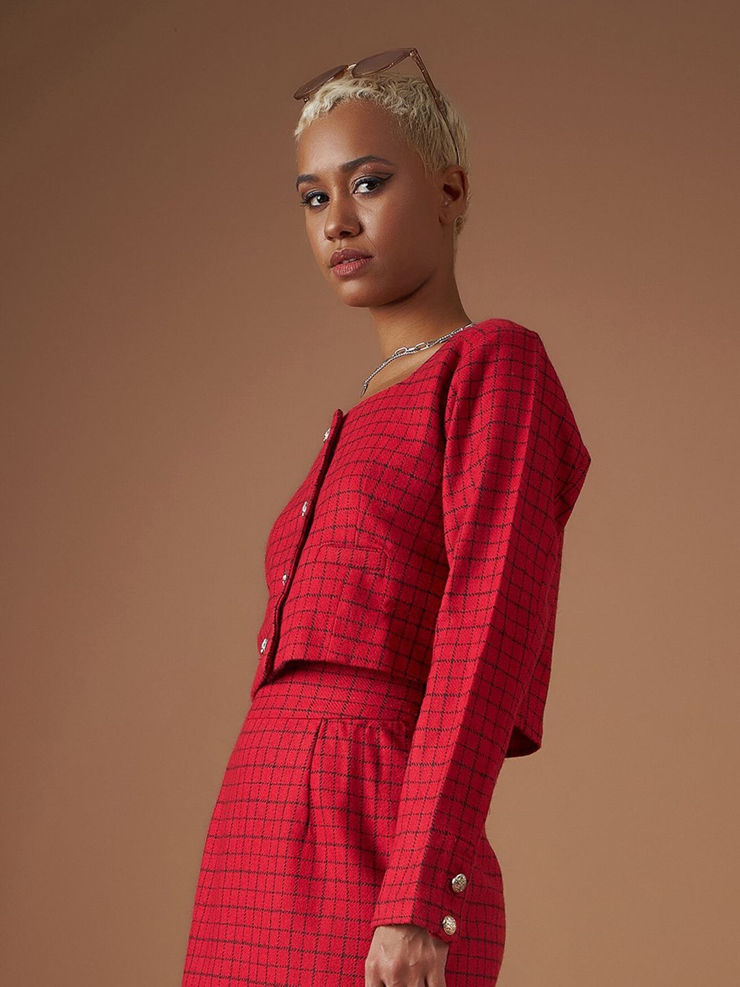 SASSAFRAS Checked Square Neck Jacquard Shirt Style Crop Top