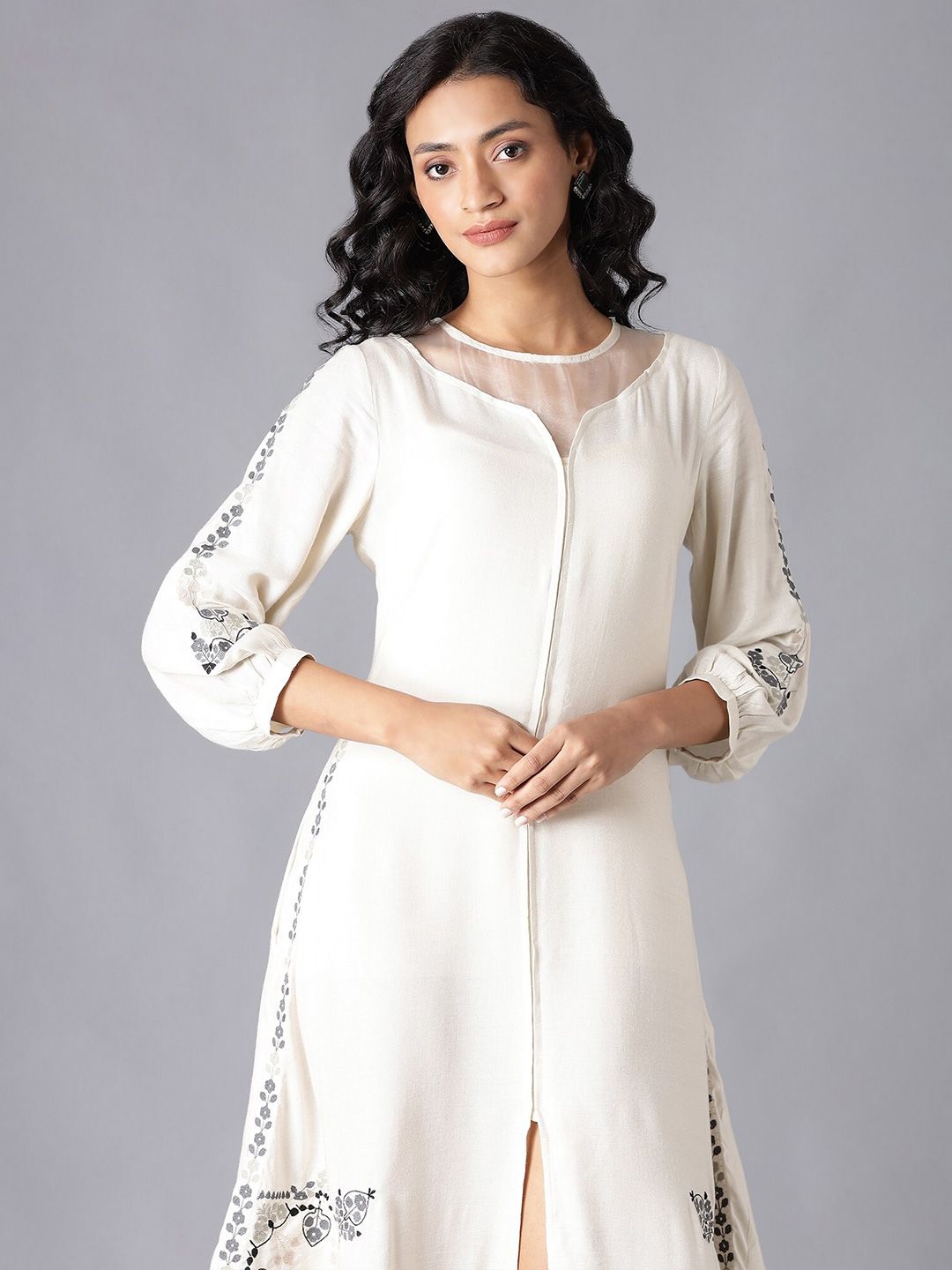 W Women White Floral Printed A-Line Midi Dress