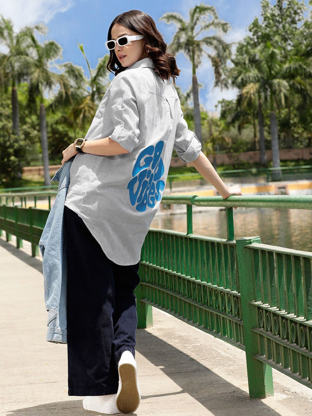 STREET 9 White & Grey Comfort Vertical Striped Drop Shoulder Sleeves Boxy Casual Shirt
