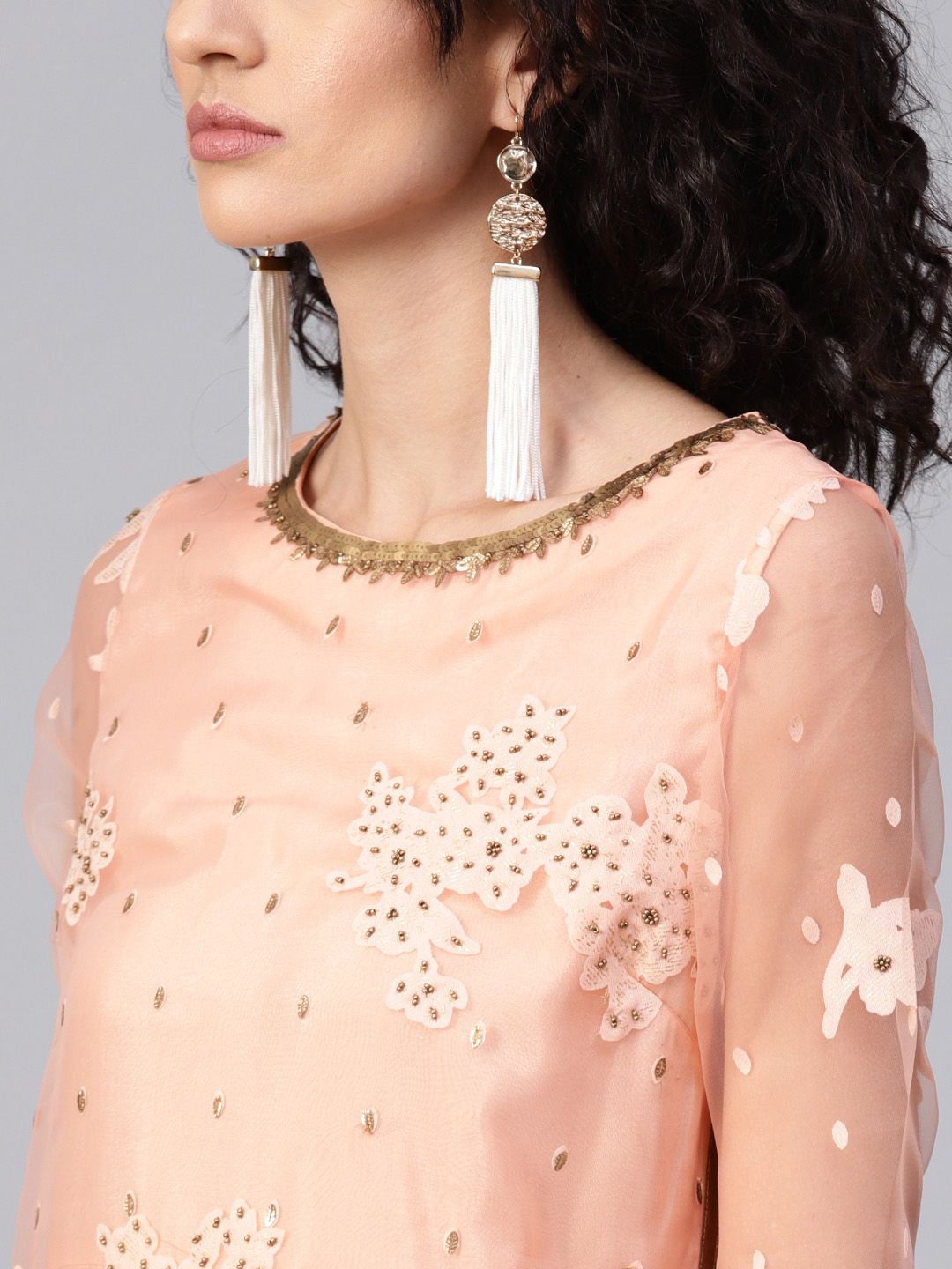 WISHFUL by W Women Peach-Coloured Printed A-Line Layered Kurta
