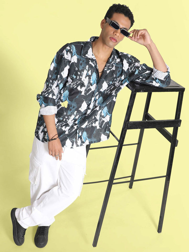 Bene Kleed Men Classic Cuban Collar Abstract Printed Oversized Casual Shirt