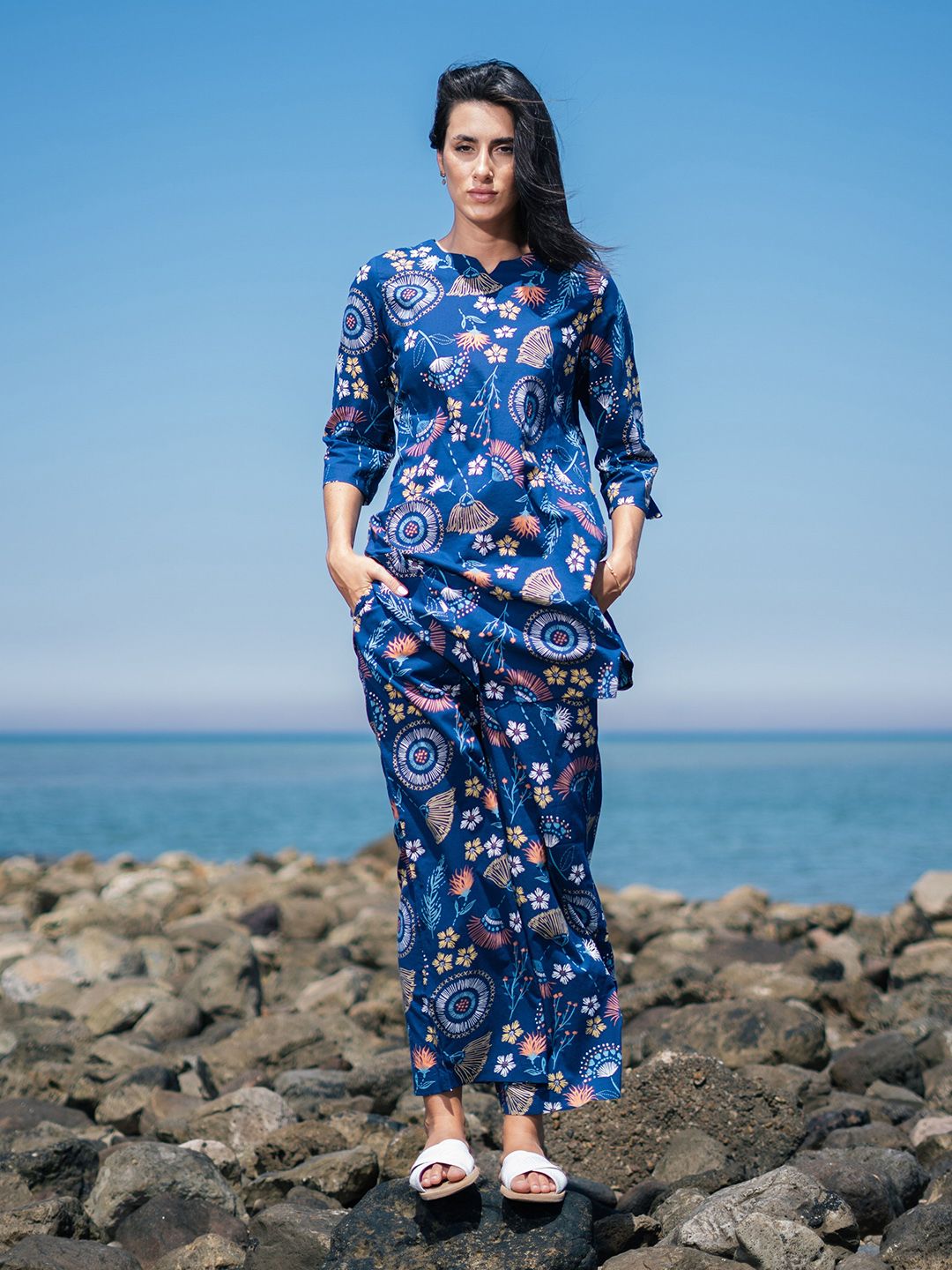 SANSKRUTIHOMES Ethnic Motif Pure Cotton Top & Trouser Co-Ord Set