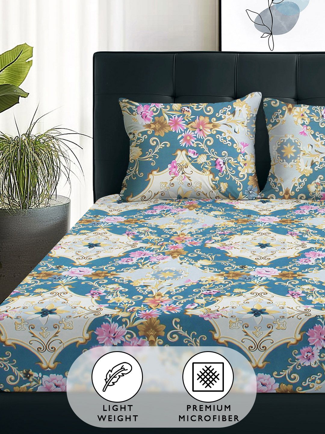 Story@home Arena Grey & Yellow Printed 180 TC Queen Bedsheet with 2 Pillow Covers